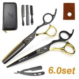 NEPURLSON 6.0 inch hair cutting scissors kit baking varnish black gold bearing screw with leather case