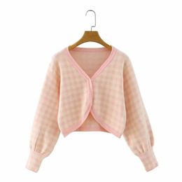 HSA Plaid Long Sleeve Coat Short Women Tops Covered Button Casual Female Knit Cardigans Sweater Jac 210417