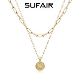 Chains Sufair Vintage Multi Layered Necklace For Women 14K Gold Filled Dainty Engraved Hammered Initial Pendant Coin Jewellery