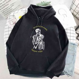 Punk style women's hoodie skull long sleeve casual top goth skeleton dark black loose ulzzang fashion women's sweatshirt 210816