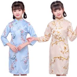 Silk Floral Girl Dress Chinese Costume Children Chi-Pao Cheongsam Dresses Traditional Party Wedding Girl Clothes Outfits Soft 210413