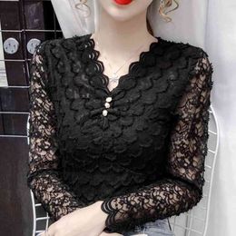 Long Sleeve Beading V-Neck Hollow Lace Blouse Shirt Tops Women Blouse Women Blusas Mujer De Moda Blusa Women Clothing D967 210426