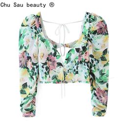 Autumn style holiday chic cute flower print puff nine-point sleeve lace-up short sexy shirts crop tops for women 210508