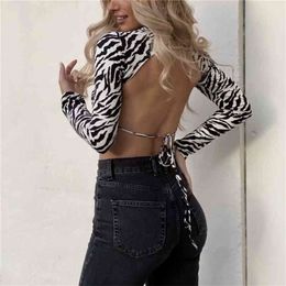 Sexy Women Zebra Stripes Backless Crop Tops Spring Elegant Female Stretchy Lacing Short Girls Y2K Club 210515