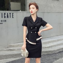 Korean 2 Piece Set Summer Women Black Double-Breasted V Neck Ruffles Blouse TOP + Hight waist Solid Work Slim Skirt Set 210514