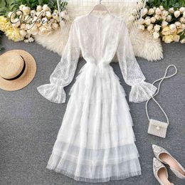 Summer Women Tulle Long Sleeve Mesh White Lace Crochet Ruffle Maxi Beach Dress Vocation 210415