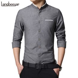 Fashion Casual Men Shirt Long Sleeve Mandarin Collar Slim Fit Shirt Men Korean Business Mens Dress Shirts Men Clothes M-5XL 210708