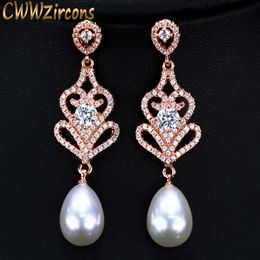 Cubic Zirconia Rose Gold Color Long Pearl Drop Earrings for Women Vintage Ethnic Wedding Bridal Party Jewelry CZ316 210714