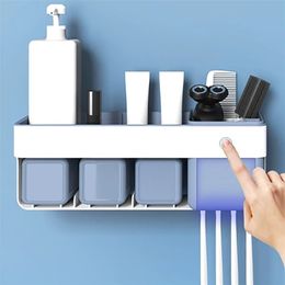 Waterproof Toothbrush Holder with Cups Toothpaste Makeup Partition Storage Rack Punch Free Bathroom Accessories Sets 210423