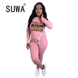 Letter Print Loose 2 Two Piece Set Women Outfit Streetwear Tracksuit Oversized Sweatshirt Joggers Pants Matching 210525