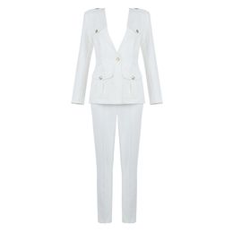 Women Set Suits White Party Club Celebrity Elegant Office Autumn Winter Dress Blazer Clothing 210515