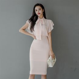 summer ladies slim fashion dress Zippers Knee-Length Office Lady Chiffon Polyester 210416