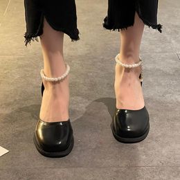 Sandals Women 2021 Summer Shoes Woman Pumps High Heels Pearls Ankle Strap Mary Janes Square Heeled Dress Black 9231L