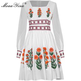 Spring Women's white Fashion dress Square Collar Lantern Sleeve Flowers Embroidery Vacation Elegant Dresses 210524