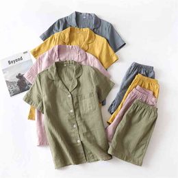 Japanese-style summer couple pajamas men and women cotton gauze thin short-sleeved shorts home service cardigan suit loose t 210830