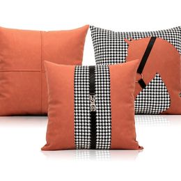 cushion cover orange UK - Cushion Decorative Pillow Simple Horse Cushion Cover Pu Leather Orange Pillowcase Waist Buckle Houndstooth Throw For Backrest