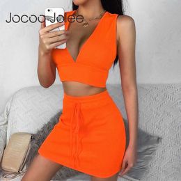 Women Summer Sexy Solid Suit Deep V Neck Vest Top And High Waist Elastic Mini Skirt Party Club Two Piece Set 210428