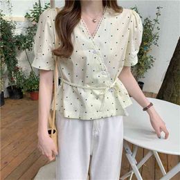 Korean V-neck Irregular Polka Dot Lace Hollow Out Bandageg Buttons Tops Shirts Women Fashion Loose Casual Blouse White 210601