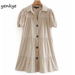 Vintage Solid Colour Cotton Dress Women Lapel Collar Short Sleeve Loose Mini Female Summer Plus Size Casual 210514