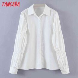 Women White Shirts Pleated Long Sleeve Solid Turn Down Collar Elegant Ladies Work Wear Blouses SL553 210416