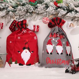 Christmas Candy Gift Big Bags Cute Christmas Linen Tote Bag Lattice Side Drawstring Pocket Gifts for Children