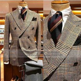 Tweed Wool Houndstooth Men Suits Wide Peak Lapel Jacket 2 Pcs Double Breasted Coat Business Blazer Wedding Dinner Party Gowns X0608