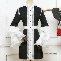 High Quality Spring Autumn Luxury Runway Hit Colour Ruffles Mini Dress Women Flare Sleeve Party Vintage Robe Femme 210514