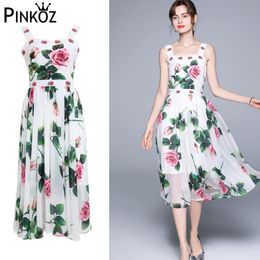 rose flower spaghetti strap summer holiday fashion chic French midi chiffon dresses for women female robe boho za 210421