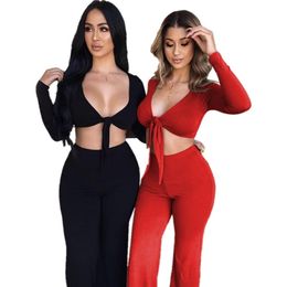 Two Piece Set Tie Bow Sexy V Neck Bandage Long Sleeve Crop Top Wide Leg Pants High Waist Spring Autumn Solid Casual Women Suits 210507