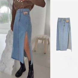 Summer Slim Vintage A Line Wrap Hip Blue High Waist Split Denim Skirts Women Casual Wild Black Jeans Mujer Faldas Fashion Sexy 210610