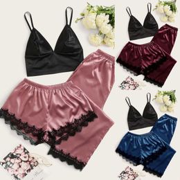 Sexy Lingerie Women's Pyjamas 3 Pieces Sleepwear Mujer Sleeveless Strap Underwear Pyjama Lace Trim Satin Camis Top Shorts Pants Q0706