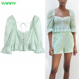 Woman Blouses Green Ruffle Puff Sleeve Women Summer Embroidery Crop Blouse Female Square Neck Cutwork Ladies Tops 210430