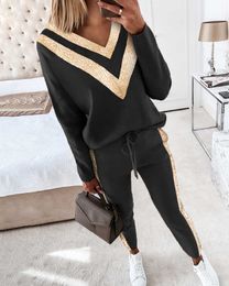 2 Pcs Colorblock Sequins Long Sleeve Top Sweatshirt Drawstring Waist Pants Gym Set Home Clothes Women's Tracksuit Sports Suits Y0625
