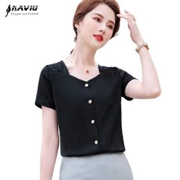 Black Chiffon Short Sleeve Women Design Summer Fashion V Neck Formal Temperament Blouses Office Ladies Work Tops White 210604