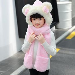 Kids Scarf Hat Gloves Three Piece SetWarm Plush Winter Cute Bowknot Bear Ears Hoodie Cap Neck Warmer Cycling Caps & Masks