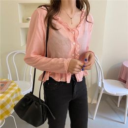 Pink Ruffles Korean V-neck High Waist Short Shirts All Match Women Casual Streetwear Light Sweet Solid Blouses 210421