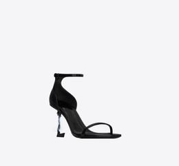 Simple elegant OPYUM black patent leather sandals with heel sandal feature structured decorated metal adjustable ankle straps Dress Party