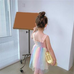 Children Girls Dress Children Sweet Girls Suspenders Rainbow Mesh Summer Vest Princess Dress Kid Girl Clothes Sundress For Girl Q0716