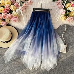 Skirts Women Irregular Double Layer Blue Gradient Mesh Skirt Summer Slim High Waist Mid Length Retro Elegant Mujer Faldas Korean 210610