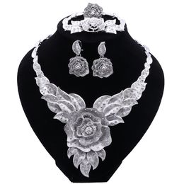 Dubai Silver Plated Bridal Jewellery Sets Flower Necklace Earrings Bracelet Rings Gifts Wedding Jewellery Set for Women