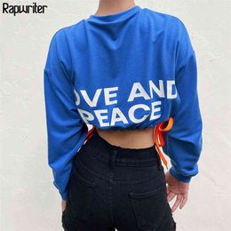 Streetwear Drawstring Letter Sweatshirt Women Autumn O-Neck Long Sleeved Harajuku Sudaderas Pullover Cropped Tops 210510