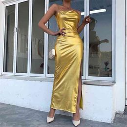 OMSJ Gold Long Dresses Spaghetti Strap Skinny Ankle-Length Party Women Sleeveless Backless Sexy Slit Summer 210517