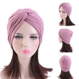 2021 Plain Hijabs Folds Muslim Turban Hat Twist Cap Bonnet Hat Head Cover Sleep Hat Headscarf Round Night Cap underscarf headscarf