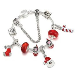 Charm Bracelets Silver Colour Bracelet With Red Santa Claus & Christmas Boots Pendants DIY Fashion Jewellery Gift For Women Kids