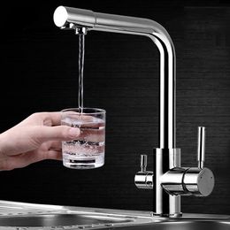 Philtre Kitchen Faucet Chrome Drinking Pure Water Kitchen Tap Deck Mounted Dual Handles 3-Ways Hot and Cold Water Mixer