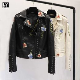 LY VAREY LIN Spring Women Floral Print Embroidery Faux Leather Jacket Turn-down Collar Pu Motorcycle Black Punk Outerwear 210526