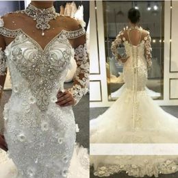 Dubai Mermaid Arabic Wedding Dresses Bridal Gowns High Sheer Neckline Mor Beading Crystals Illusion Long Sleeves With Flower Hollow Backs