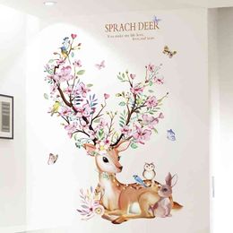 [shijuekongjian] Deer Rabbit Animal Wall Stickers DIY Flowers Wall Decals for House Kids Rooms Baby Bedroom Nursery Decoration 210615