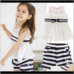 Summer Korean Childrens Girls Vertical Bow Sleeveless Tshirt Vest Striped Shorts Twopiece Suit Taiqx Sets Shm5E