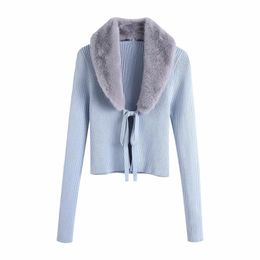 XNWMNZ Za Women Fashion Patchwork Faux Fur Knitted Cardigan Sweater Vintage With Tied Female Long Sleeve Outerwear Chic Tops 210922
